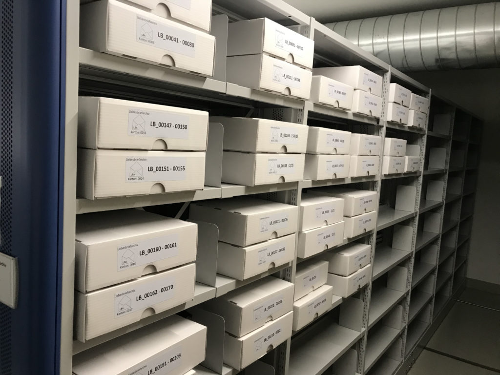 Shelves of archived boxes in the Love Letter Archive